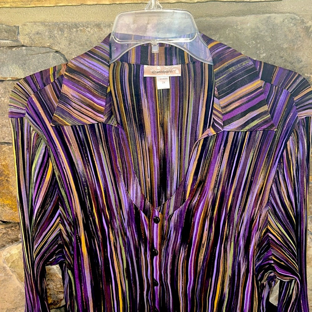Mardi Gras Flowy Tunic Top Purple Black Gold;Button Front;3/4 Bell Sleeves;NWOT - Picture 9 of 12